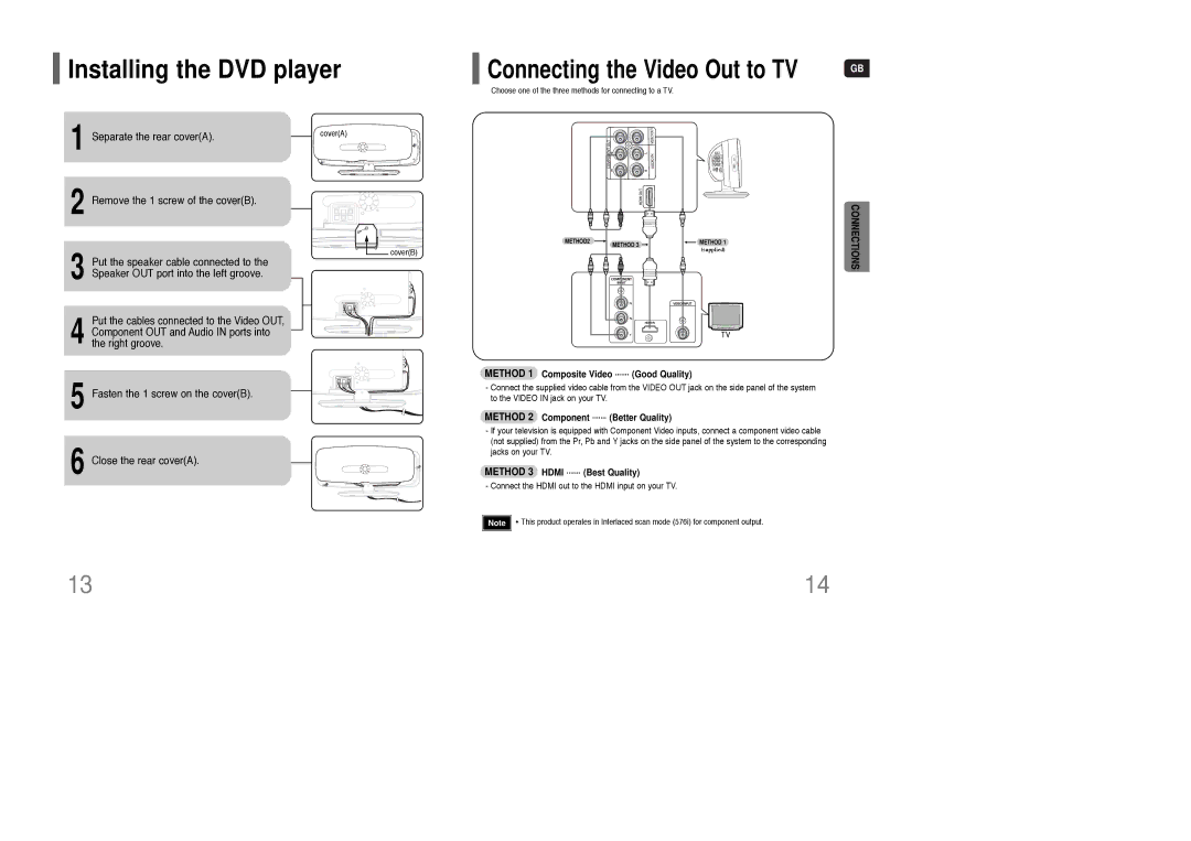 Samsung HT-Q100T/XEC, HT-Q100T/XEH Installing the DVD player, Separate the rear coverA, Remove the 1 screw of the coverB 