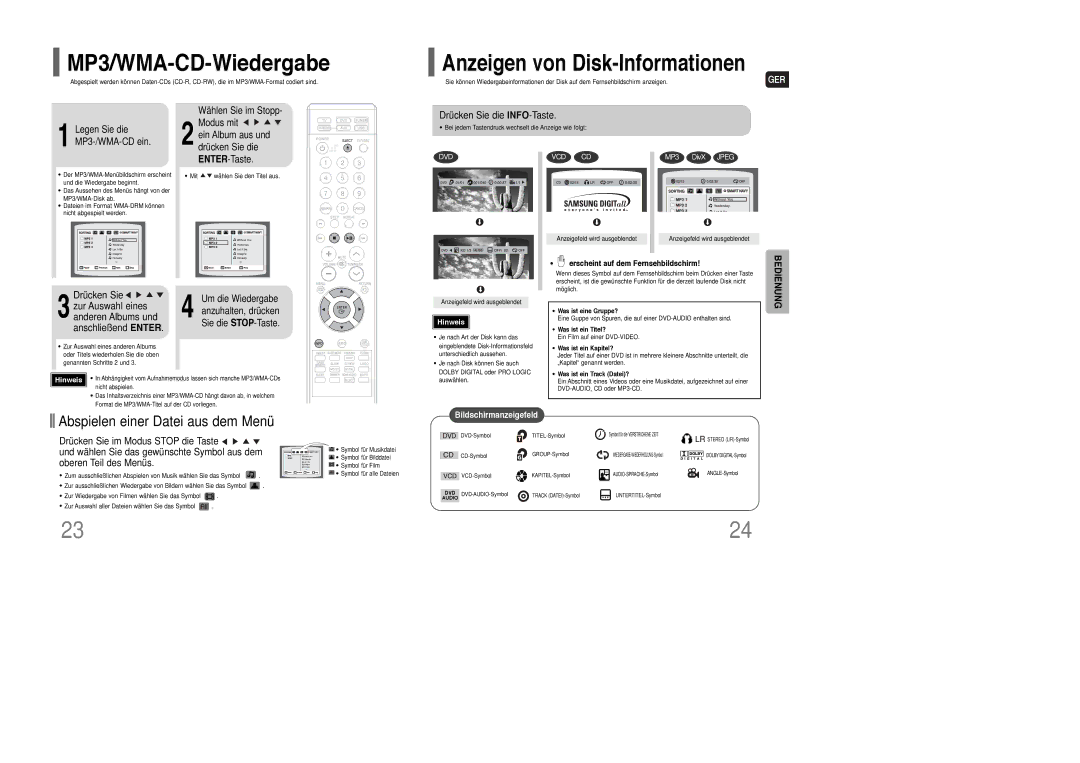 Samsung HT-Q100R/ELS MP3/WMA-CD-Wiedergabe, Abspielen einer Datei aus dem Menü, Drücken Sie die INFO-Taste, ENTER-Taste 