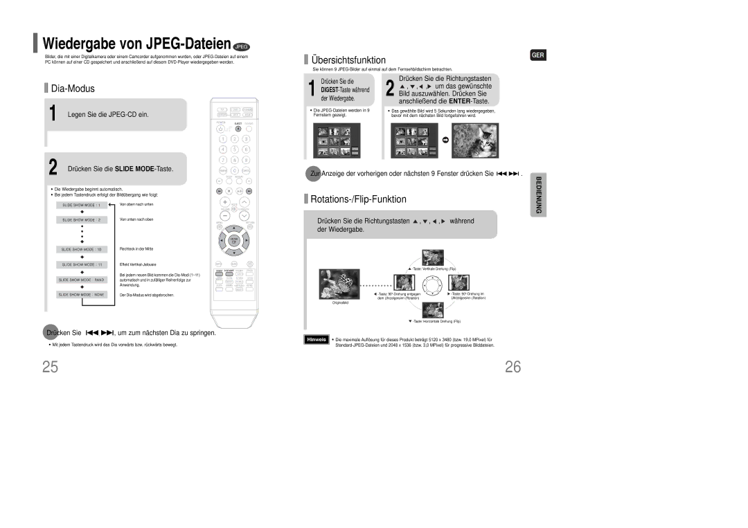 Samsung HT-Q100T/XEH, HT-XQ100R/ELS, HT-Q100WT/XEF, HT-Q100WR/ELS Übersichtsfunktion, Dia-Modus, Rotations-/Flip-Funktion 