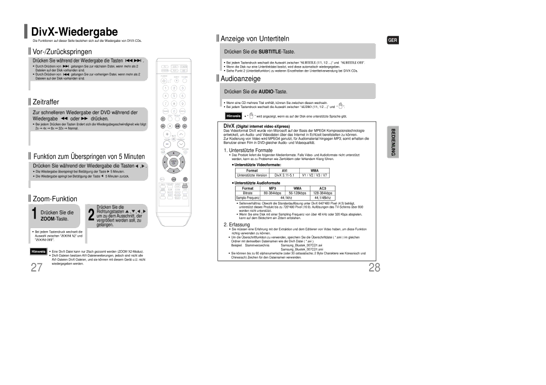 Samsung HT-XQ100R/ELS, HT-Q100T/XEH, HT-Q100WT/XEF, HT-Q100WR/ELS, HT-XQ100T/XEF, HT-Q100T/XEF, HT-Q100R/ELS DivX-Wiedergabe 