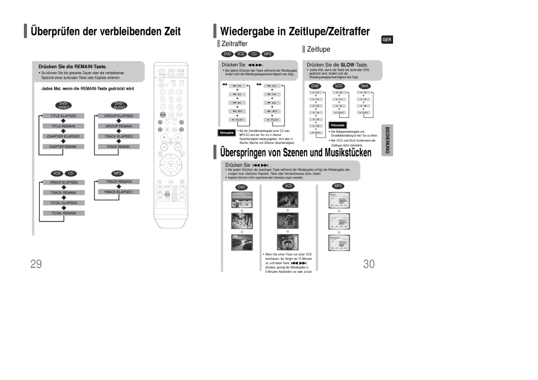 Samsung HT-Q100WT/XEF, HT-Q100T/XEH, HT-XQ100R/ELS manual Zeitlupe, Drücken Sie die REMAIN-Taste, Drücken Sie die SLOW-Taste 