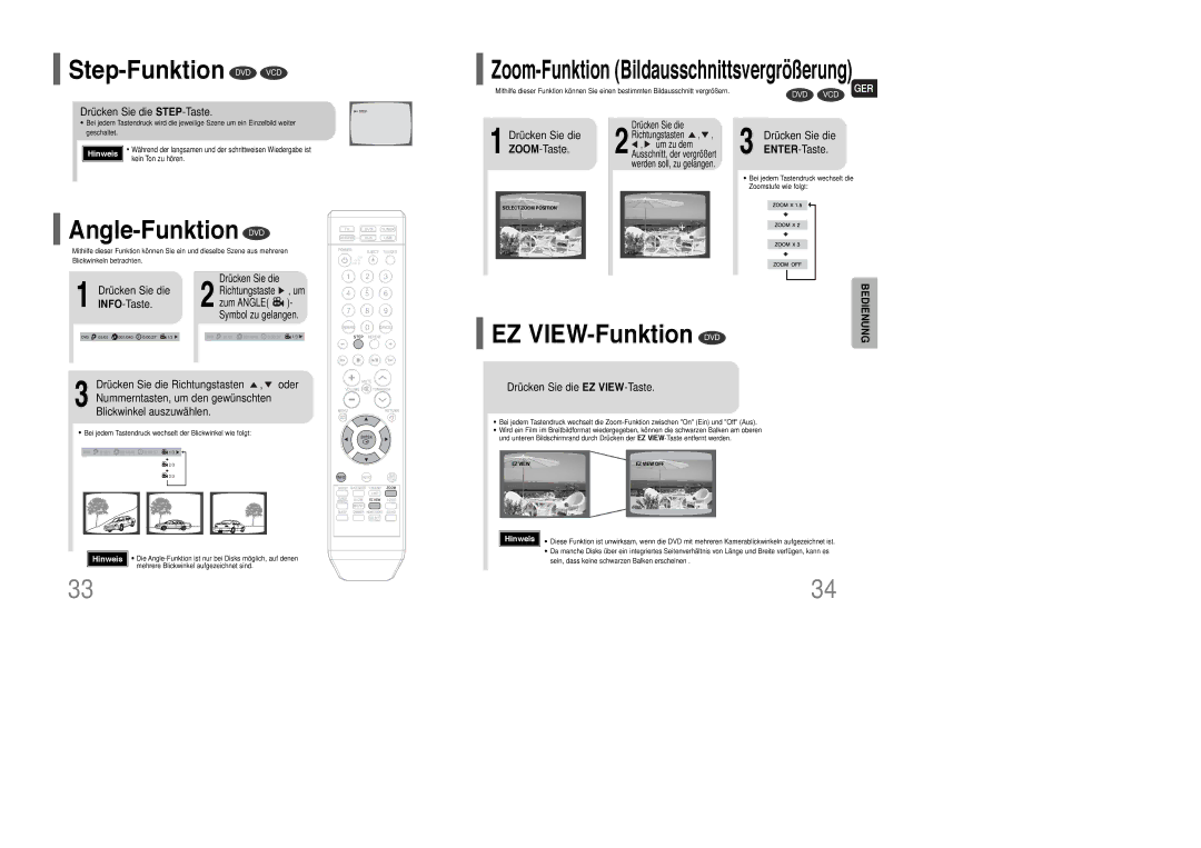 Samsung HT-XQ100T/XEF, HT-Q100T/XEH, HT-XQ100R/ELS manual Step-Funktion DVD VCD, Angle-Funktion DVD, EZ VIEW-Funktion DVD 