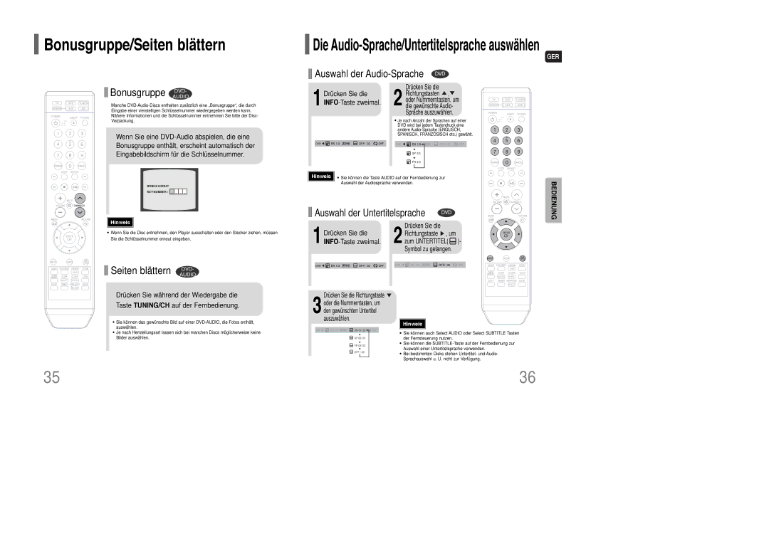 Samsung HT-Q100T/XEF, HT-Q100T/XEH, HT-Q100R/ELS Bonusgruppe DVD, Seiten blättern DVD, Drücken Sie die, 1INFO-Taste zweimal 