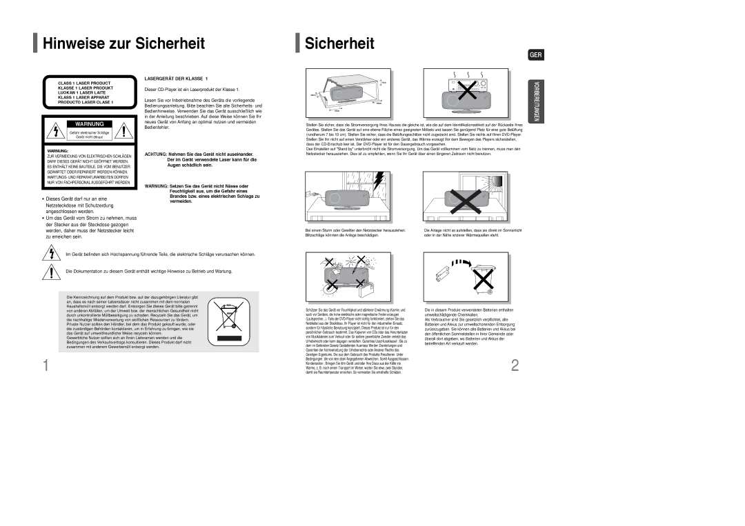 Samsung HT-Q100WT/XEF, HT-Q100T/XEH, HT-XQ100R/ELS, HT-Q100WR/ELS, HT-XQ100T/XEF, HT-Q100T/XEF manual Hinweise zur Sicherheit 