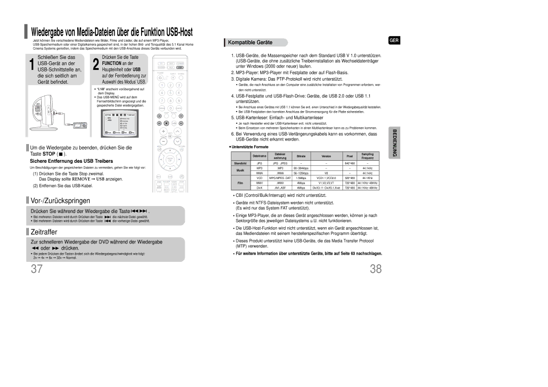 Samsung HT-Q100R/ELS manual Um die Wiedergabe zu beenden, drücken Sie die Taste Stop, Sichere Entfernung des USB Treibers 