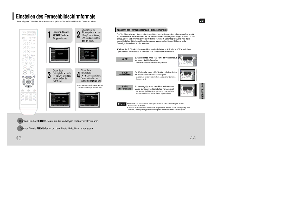 Samsung HT-Q100WT/XEF, HT-Q100T/XEH, HT-XQ100R/ELS 43LB, 43PS, Anpassen des Fernsehbildformats Bildschirmgröße, Letterbox 