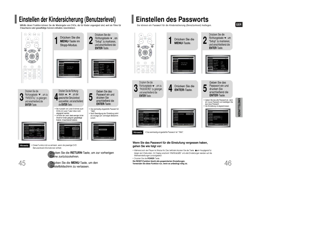 Samsung HT-Q100WR/ELS Drücken Sie die MENU-Taste, Geben Sie das, Passwort ein und drücken Sie anschließend die ENTER-Taste 