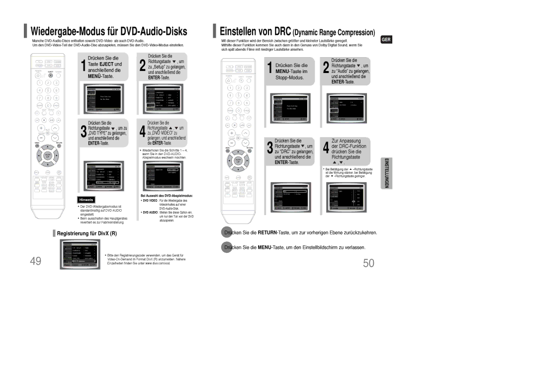 Samsung HT-Q100T/XEF, HT-Q100T/XEH, HT-XQ100R/ELS, HT-Q100WT/XEF, HT-Q100WR/ELS manual Wiedergabe-Modus für DVD-Audio-Disks 