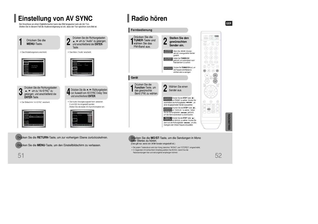 Samsung HT-Q100R/ELS Einstellung von AV Sync, Radio hören, Fernbedienung, Stellen Sie den Gewünschten Sender ein, Gerät 