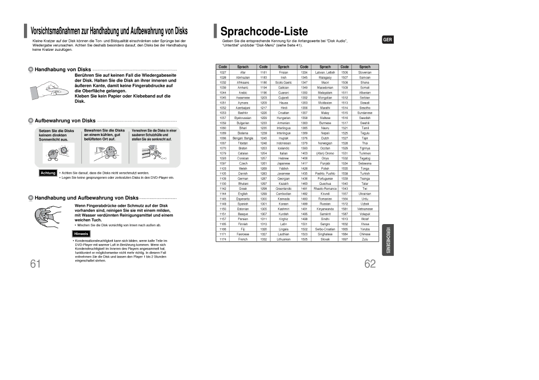 Samsung HT-XQ100T/XEF manual Sprachcode-Liste, Kleben Sie kein Papier oder Klebeband auf die Disk, Bewahren Sie die Disks 