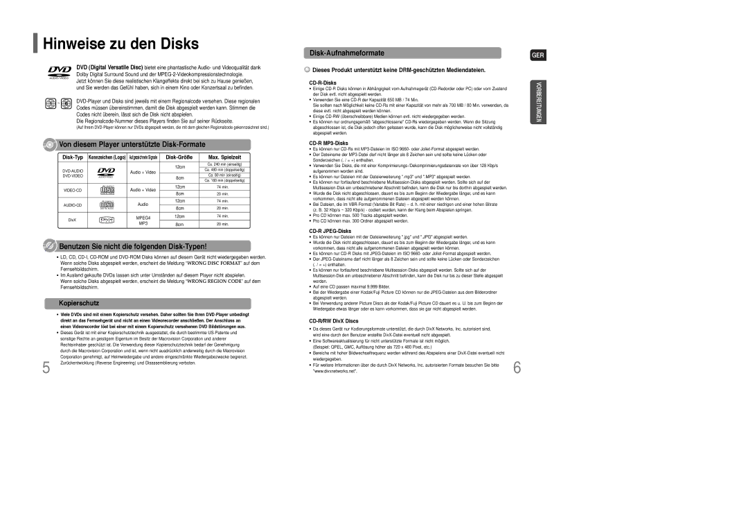 Samsung HT-XQ100T/XEF, HT-Q100T/XEH, HT-XQ100R/ELS, HT-Q100WT/XEF, HT-Q100WR/ELS manual Hinweise zu den Disks, Kopierschutz 