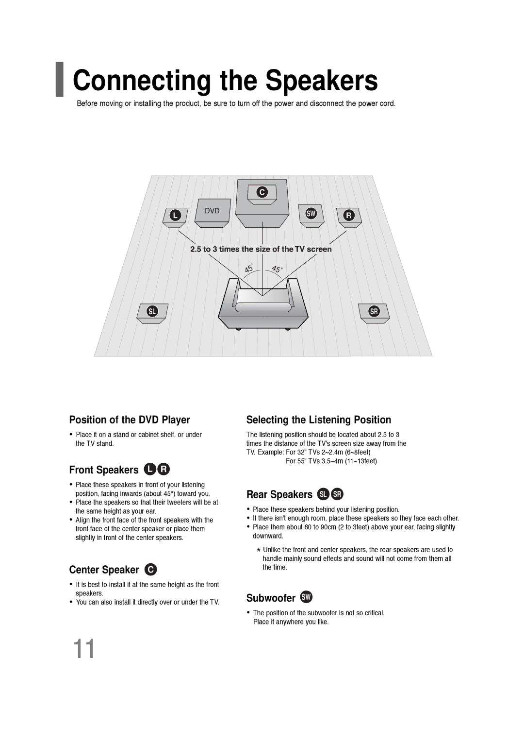 Samsung HT-Q20, HT-TQ22 instruction manual Connecting the Speakers 