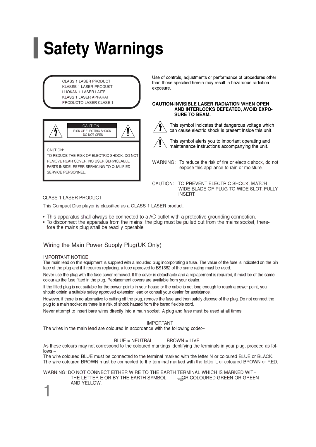 Samsung HT-Q20, HT-TQ22 instruction manual Safety Warnings, Class 1 Laser Product 