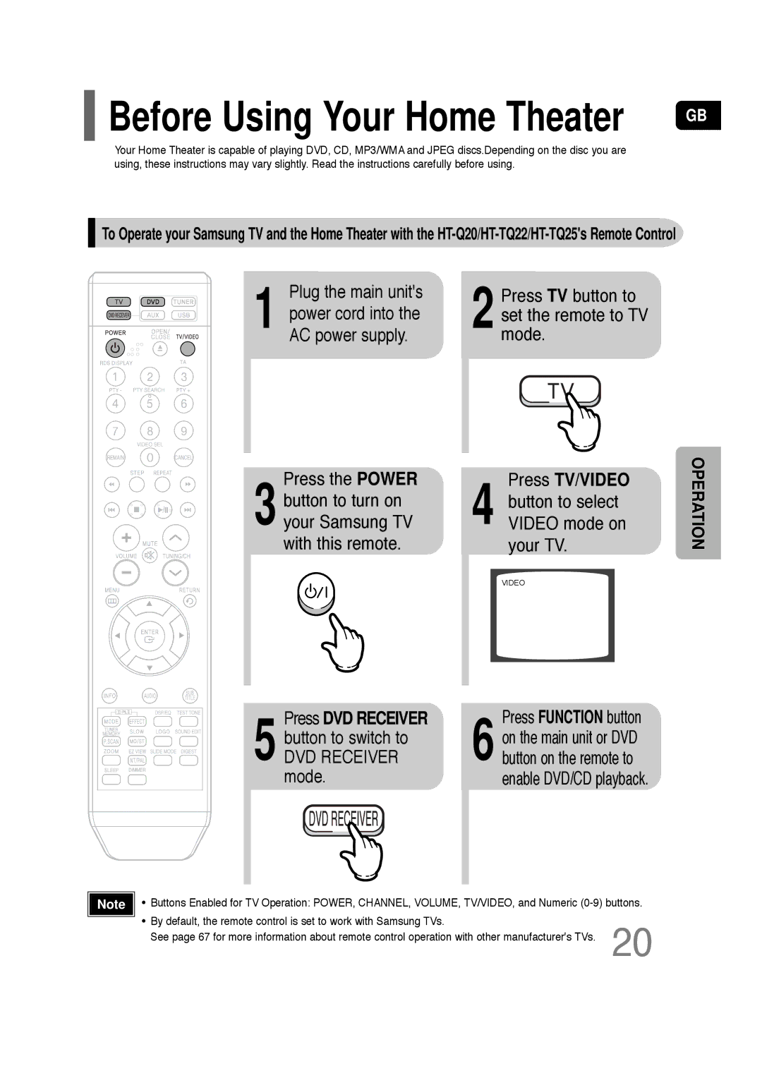 Samsung HT-TQ22, HT-Q20 instruction manual Press the Power, Press DVD Receiver, Button to switch to, Press TV/VIDEO 