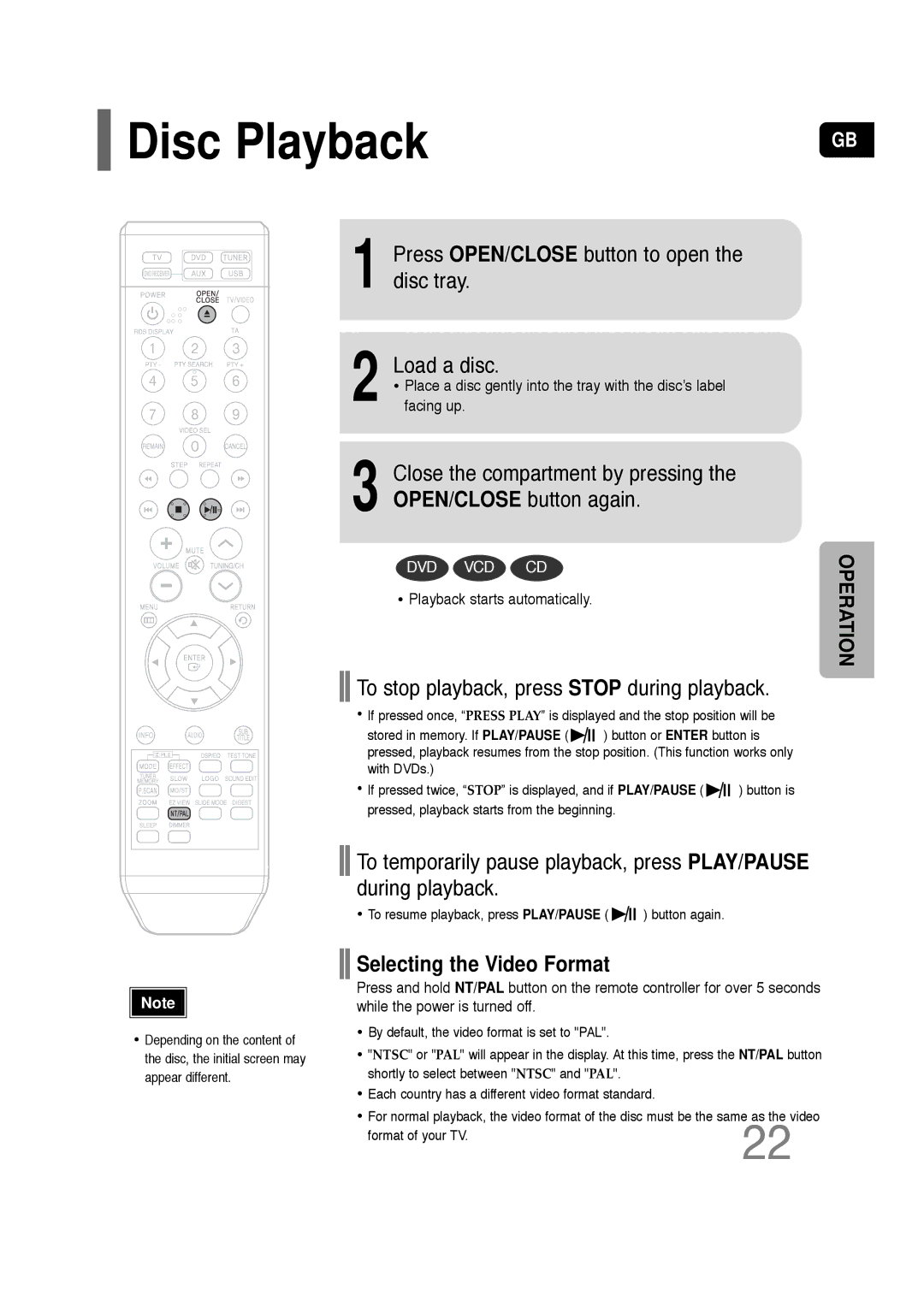 Samsung HT-TQ22 Disc Playback, Press OPEN/CLOSE button to open the disc tray Load a disc, Selecting the Video Format 