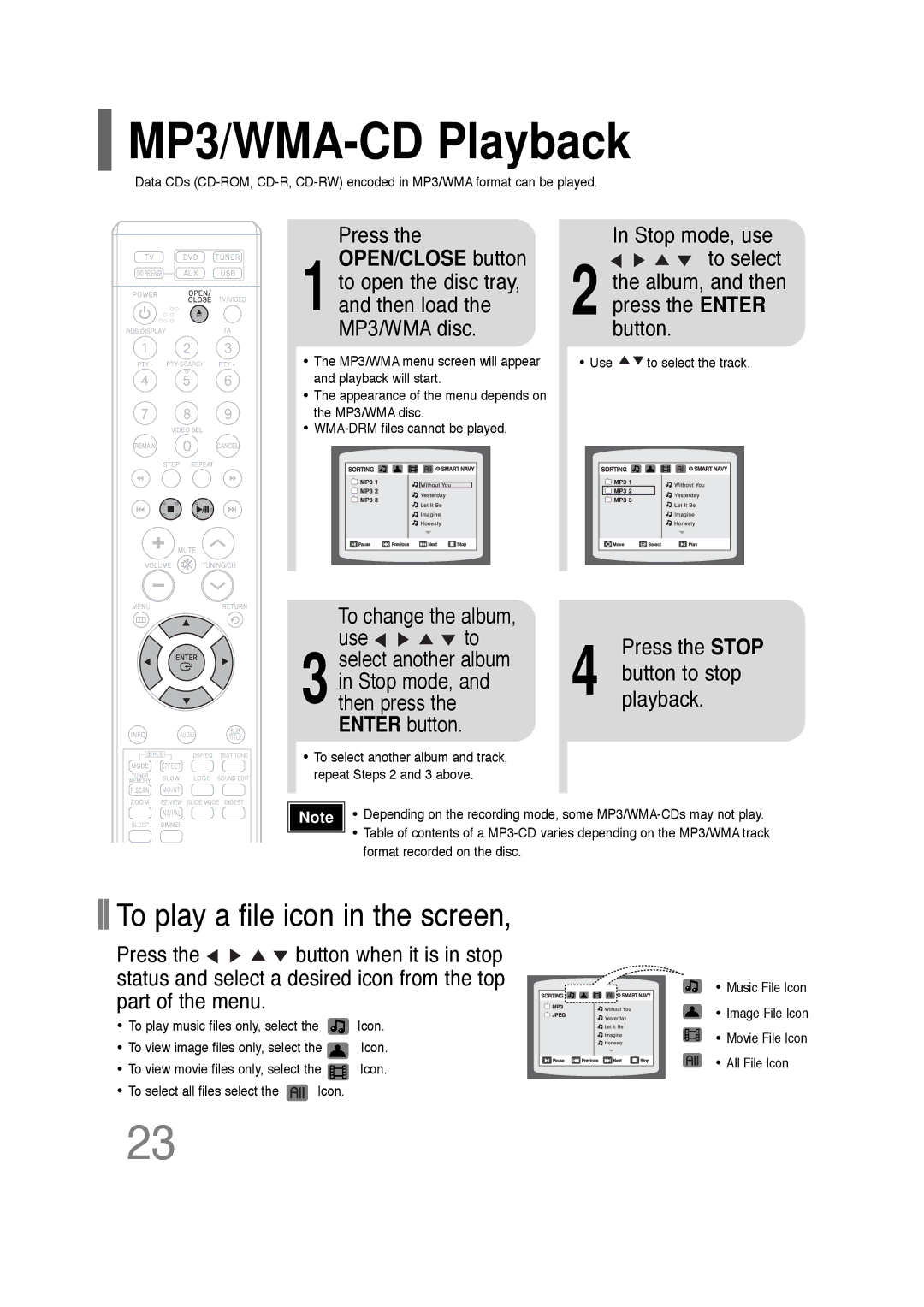 Samsung HT-Q20, HT-TQ22 MP3/WMA-CD Playback, To play a file icon in the screen, To change the album Use to, Press the Stop 