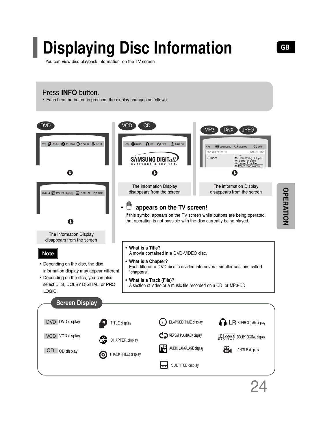 Samsung HT-TQ22, HT-Q20 instruction manual Displaying Disc Information, Press Info button, Appears on the TV screen 