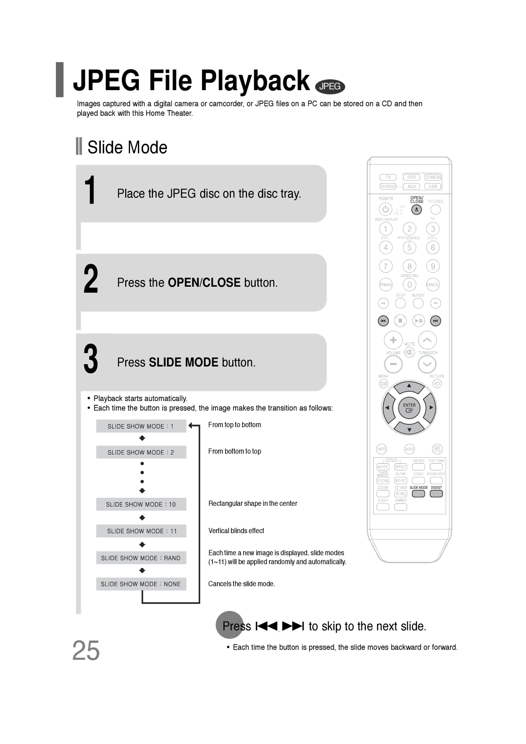 Samsung HT-Q20, HT-TQ22 instruction manual Jpeg File Playback Jpeg, Slide Mode, Press to skip to the next slide 