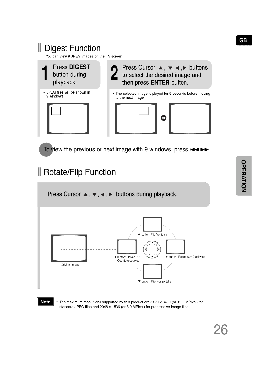 Samsung HT-TQ22, HT-Q20 Digest Function, Rotate/Flip Function, Press Digest, Press Cursor , , , buttons during playback 