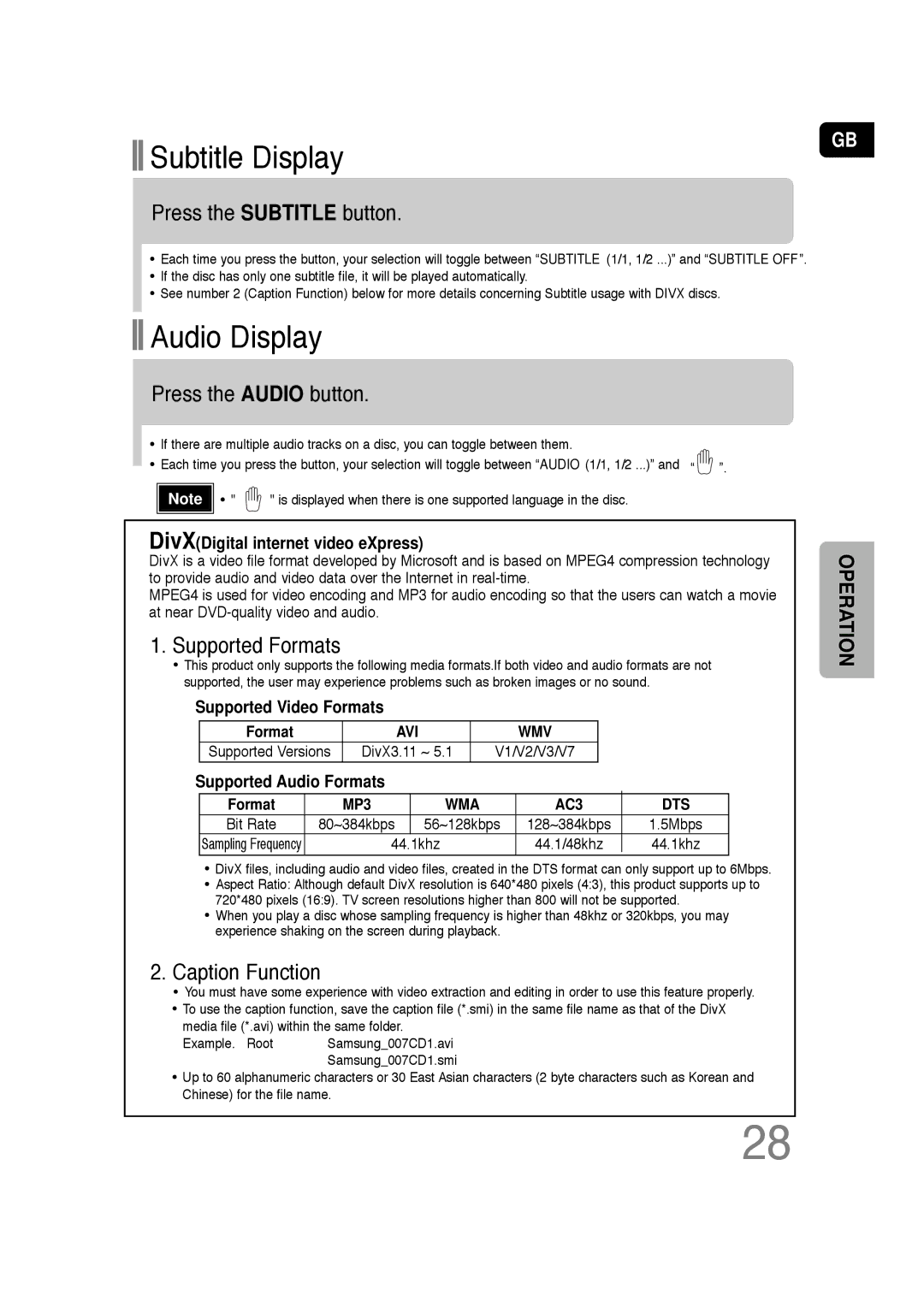 Samsung HT-TQ22, HT-Q20 instruction manual Subtitle Display, Audio Display 