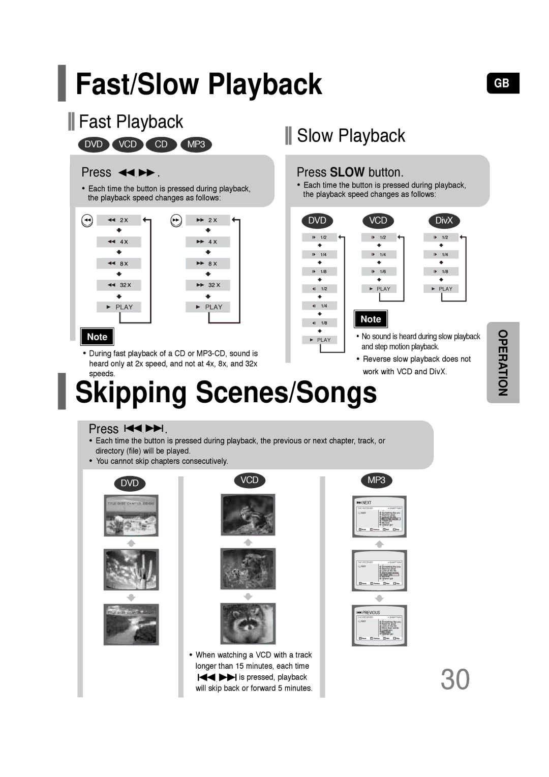 Samsung HT-TQ22, HT-Q20 instruction manual Fast/Slow Playback, Skipping Scenes/Songs, Press Slow button 