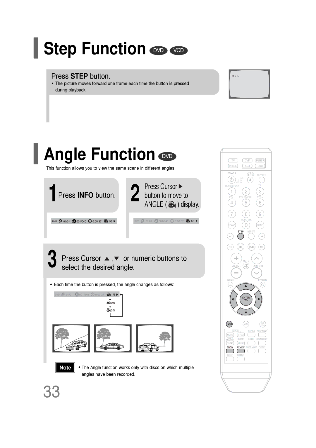 Samsung HT-Q20, HT-TQ22 instruction manual Step Function DVD VCD, Angle Function DVD, Press Step button, Press Cursor 