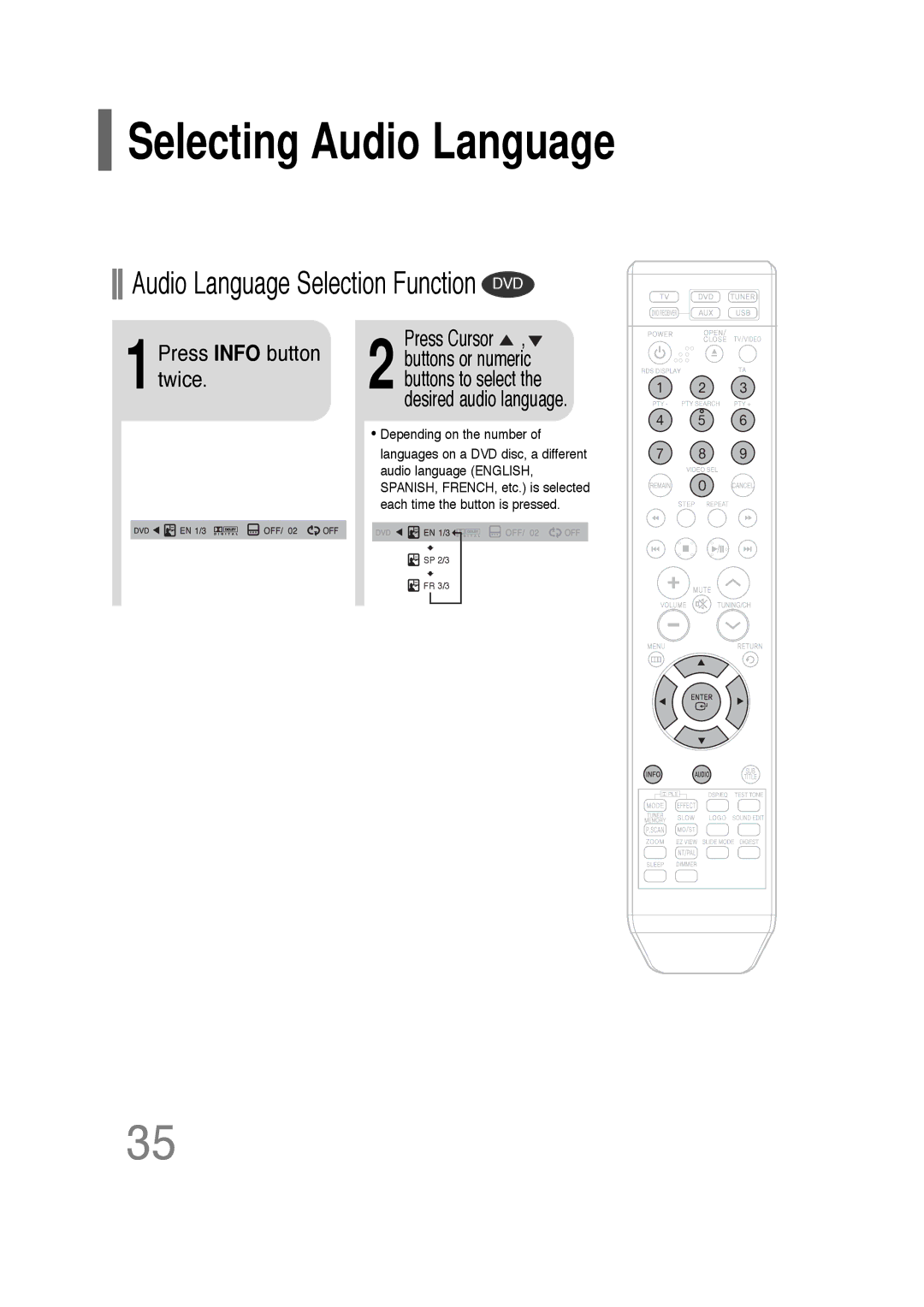 Samsung HT-Q20, HT-TQ22 Selecting Audio Language, Audio Language Selection Function DVD, 1Press Info button twice 