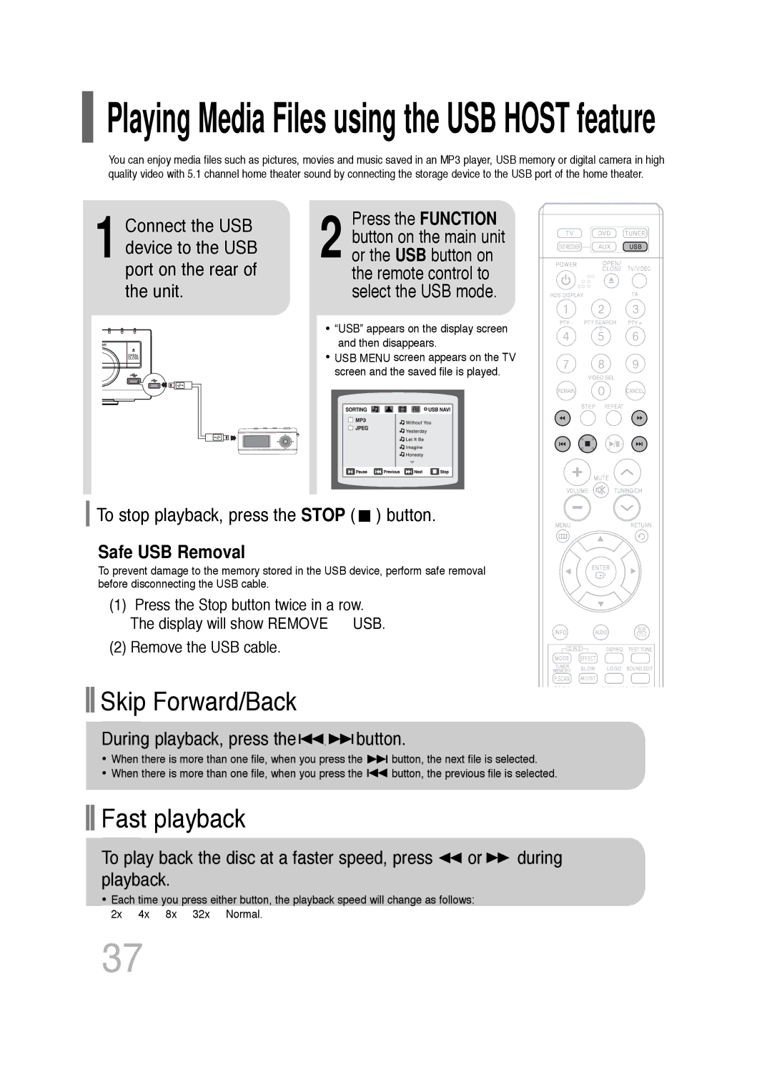 Samsung HT-Q20, HT-TQ22 instruction manual Press the Function, To stop playback, press the Stop button, Safe USB Removal 