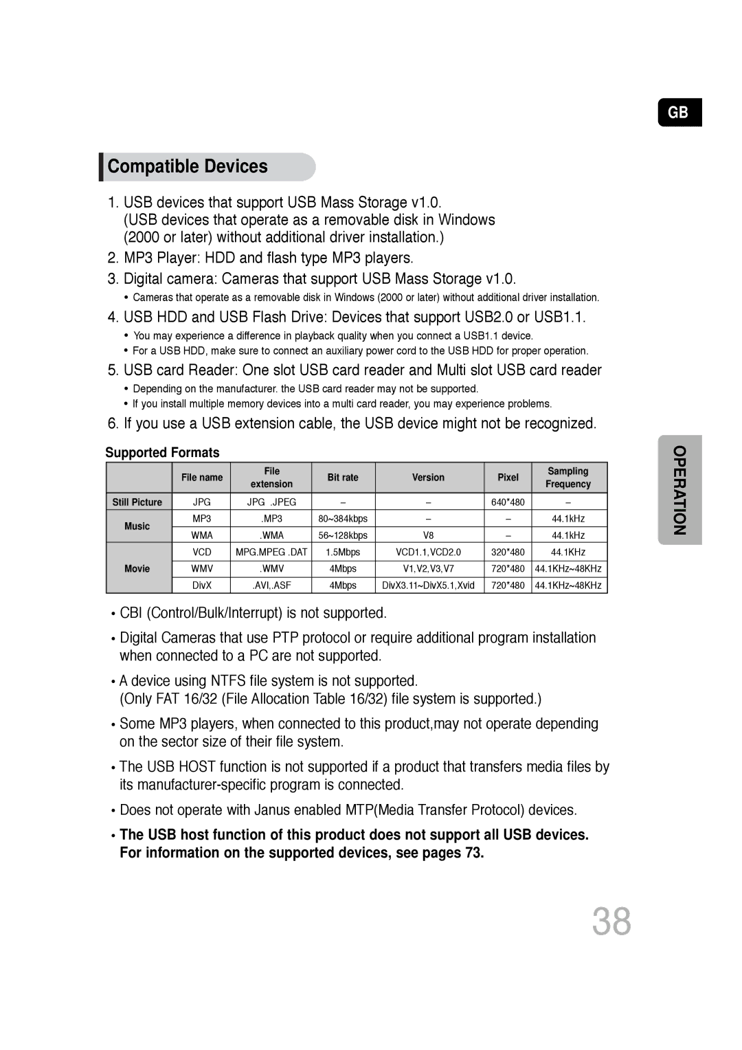 Samsung HT-TQ22, HT-Q20 instruction manual Compatible Devices, USB devices that support USB Mass Storage 