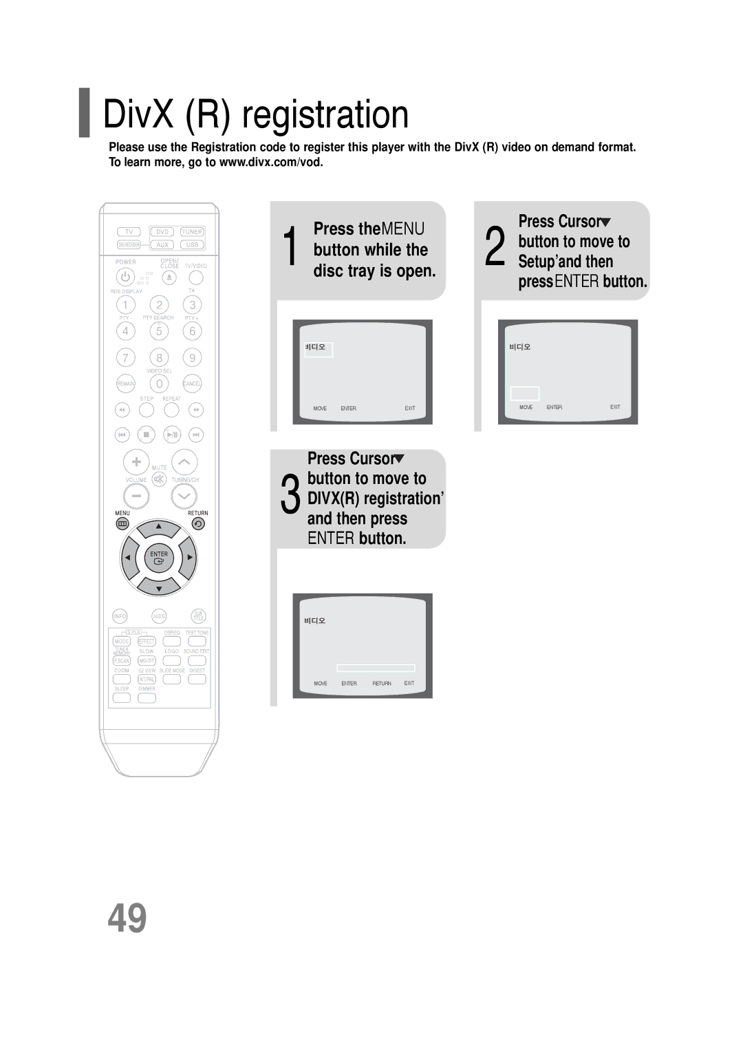 Samsung HT-Q20, HT-TQ22 instruction manual DivX R registration, Press the Menu Press Cursor, Button while, Disc tray is open 