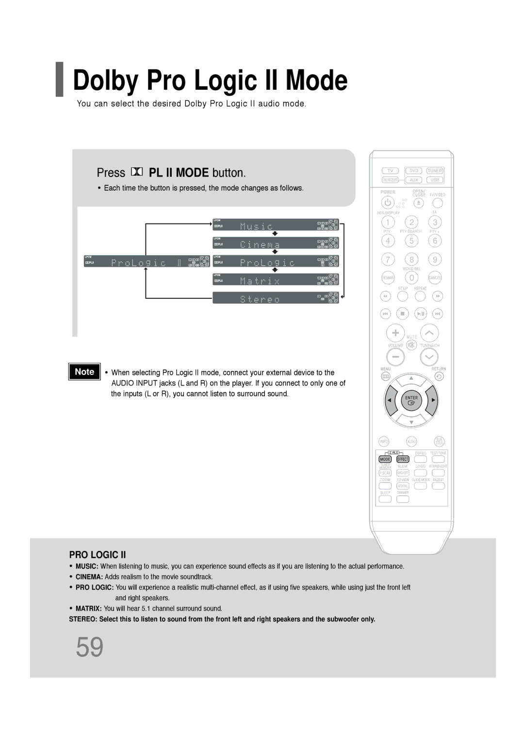 Samsung HT-Q20, HT-TQ22 instruction manual Dolby Pro Logic II Mode, Press PL II Mode button 