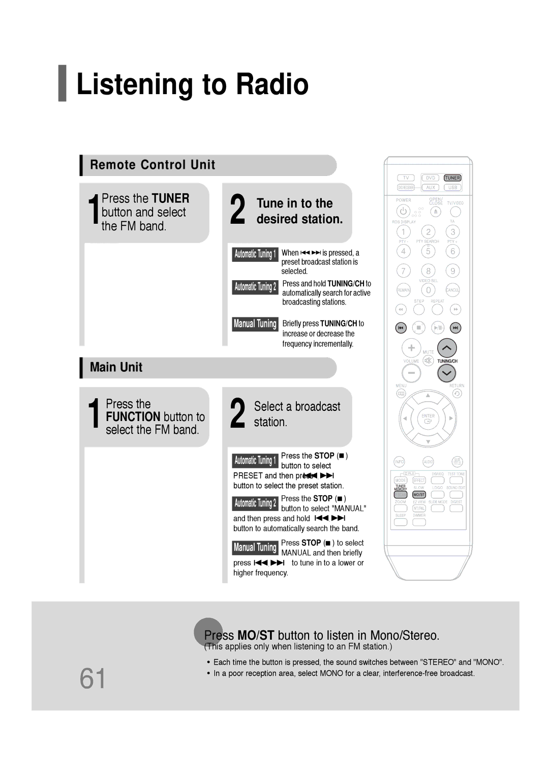 Samsung HT-Q20, HT-TQ22 Listening to Radio, Remote Control Unit, Main Unit, Press MO/ST button to listen in Mono/Stereo 