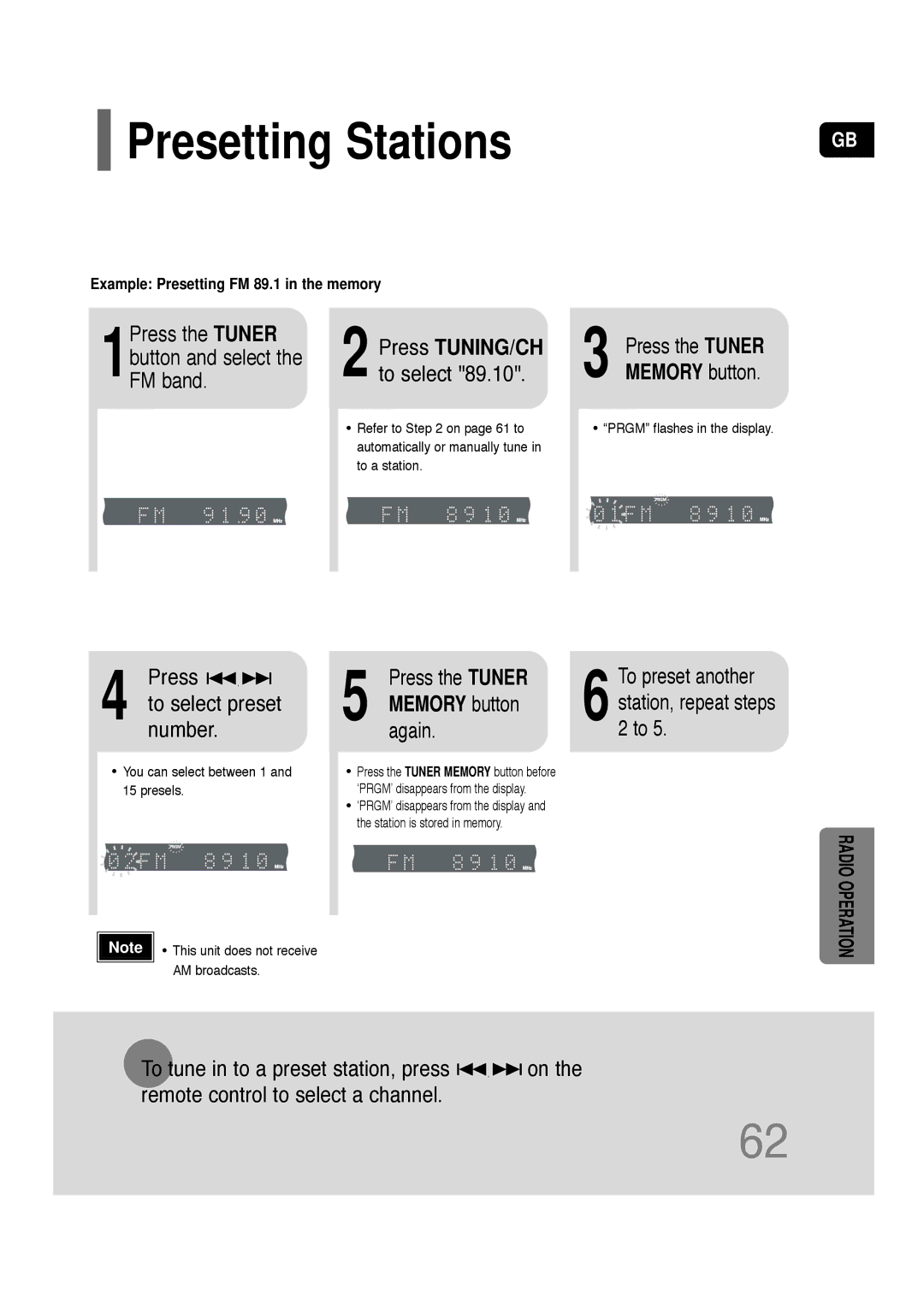 Samsung HT-TQ22, HT-Q20 instruction manual Presetting Stations, Again, Memory button 