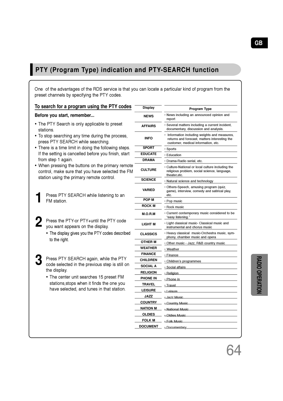 Samsung HT-TQ22, HT-Q20 instruction manual PTY Program Type indication and PTY-SEARCH function, Before you start, remember 