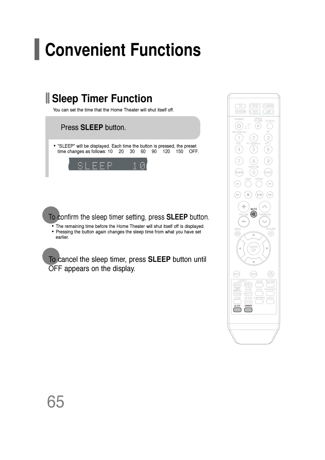 Samsung HT-Q20, HT-TQ22 Convenient Functions, Press Sleep button, To confirm the sleep timer setting, press Sleep button 