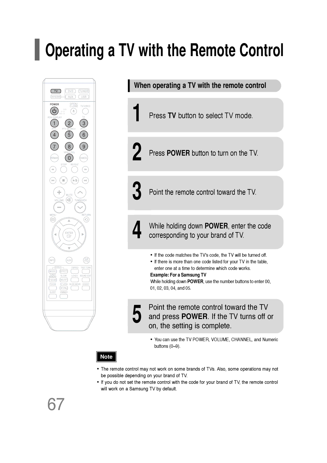 Samsung HT-Q20, HT-TQ22 Operating a TV with the Remote Control, When operating a TV with the remote control 