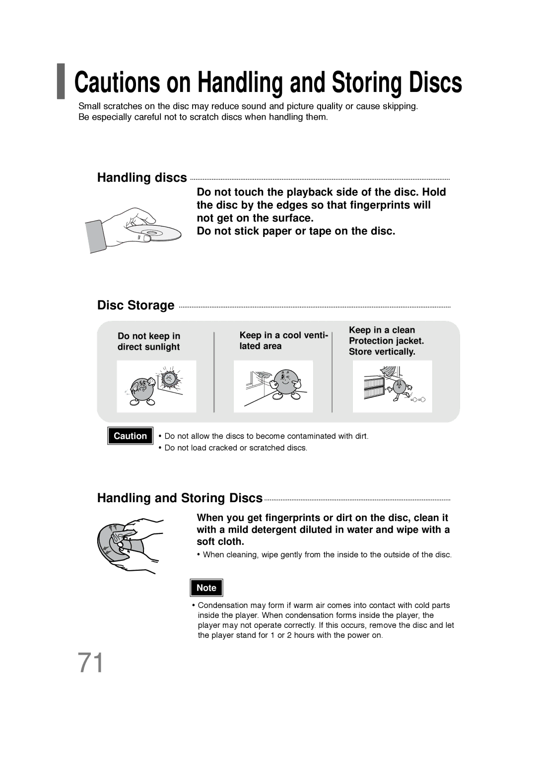 Samsung HT-Q20, HT-TQ22 instruction manual Handling discs Disc Storage, Handling and Storing Discs 