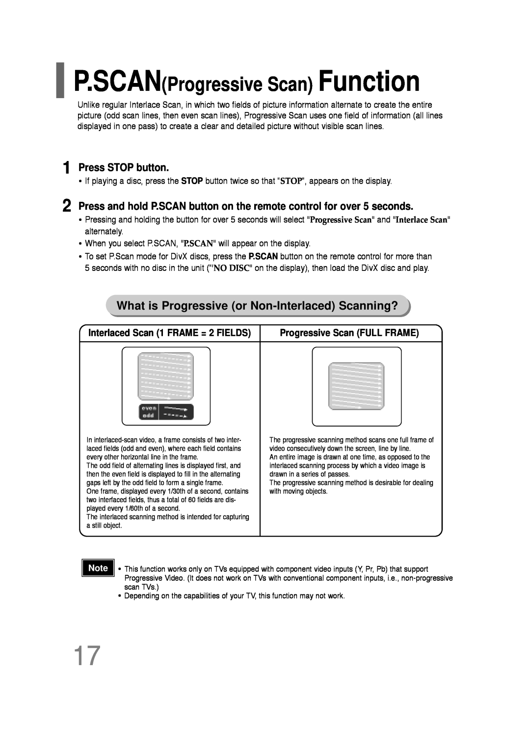 Samsung HT-Q20, HT-TQ22 P.SCANProgressive Scan Function, What is Progressive or Non-InterlacedScanning?, Press STOP button 