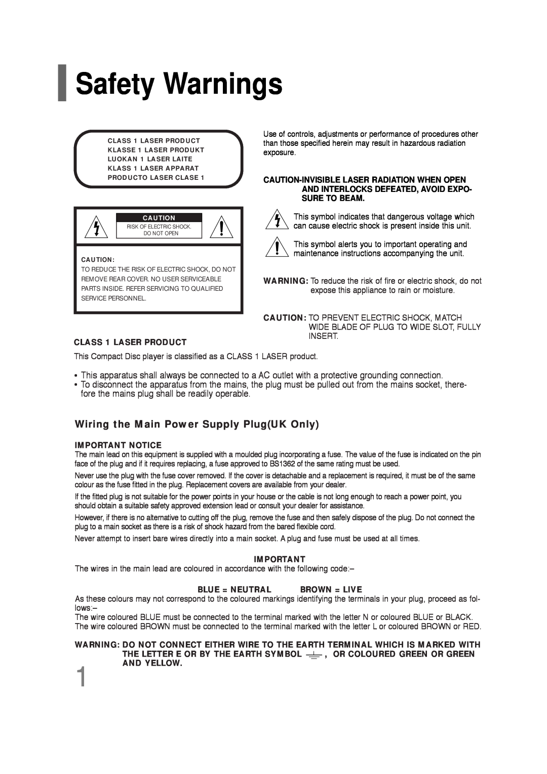 Samsung HT-Q20, HT-TQ22 instruction manual Safety Warnings, Wiring the Main Power Supply PlugUK Only 