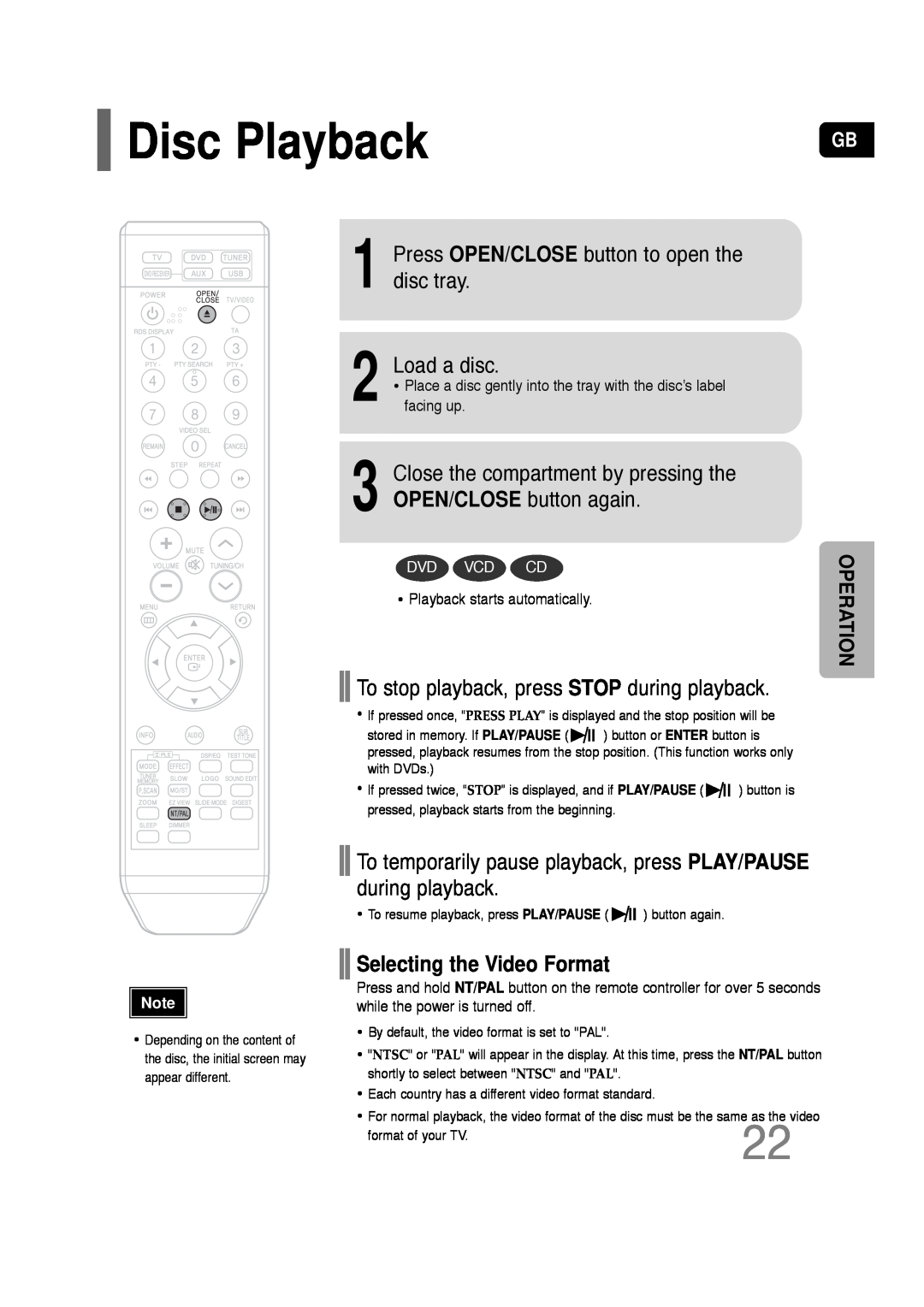 Samsung HT-TQ22 Disc Playback, Press OPEN/CLOSE button to open the disc tray, Load a disc, Selecting the Video Format 