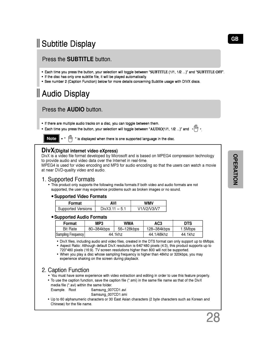 Samsung HT-TQ22 Subtitle Display, Audio Display, Press the SUBTITLE button, Press the AUDIO button, Supported Formats 