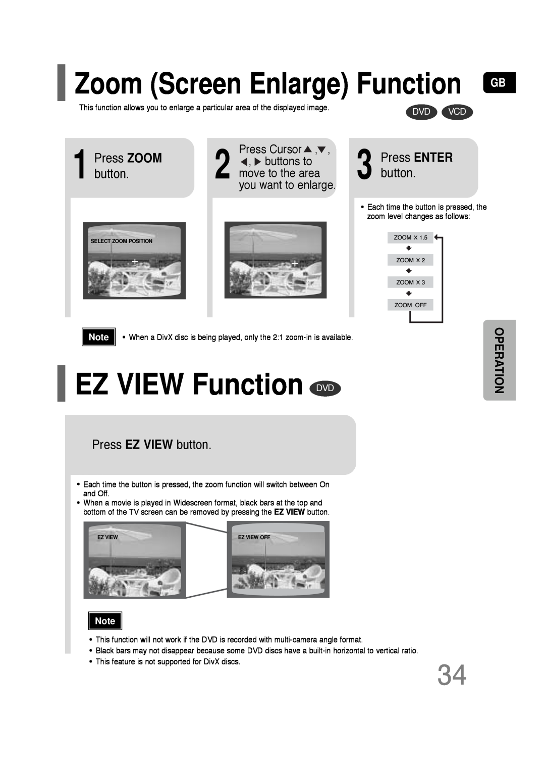 Samsung HT-TQ22 EZ VIEW Function DVD, Zoom Screen Enlarge Function GB, Press EZ VIEW button, Press ZOOM button, Operation 