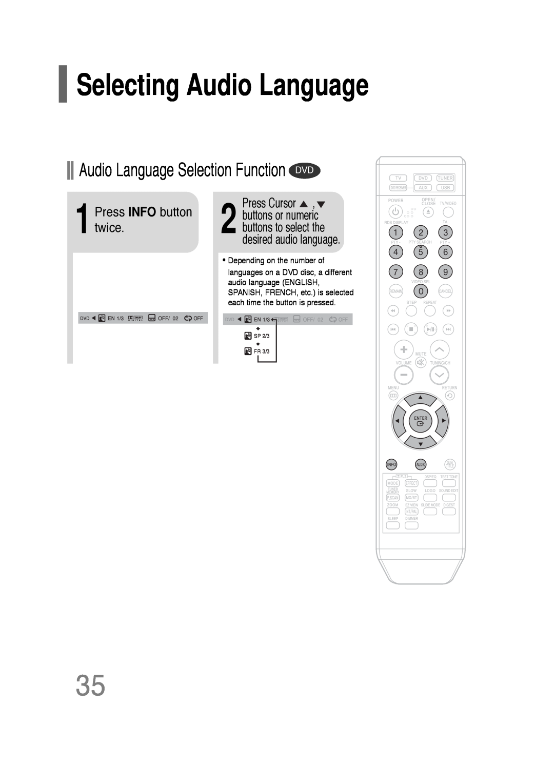 Samsung HT-Q20 Selecting Audio Language, Audio Language Selection Function DVD, 1Press INFO button twice, SP 2/3 FR 3/3 