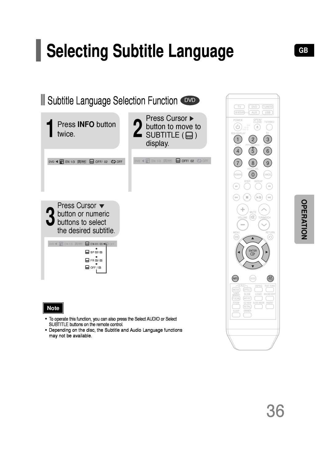 Samsung HT-TQ22 Selecting Subtitle Language, Subtitle Language Selection Function DVD, twice.SUBTITLE display, Operation 