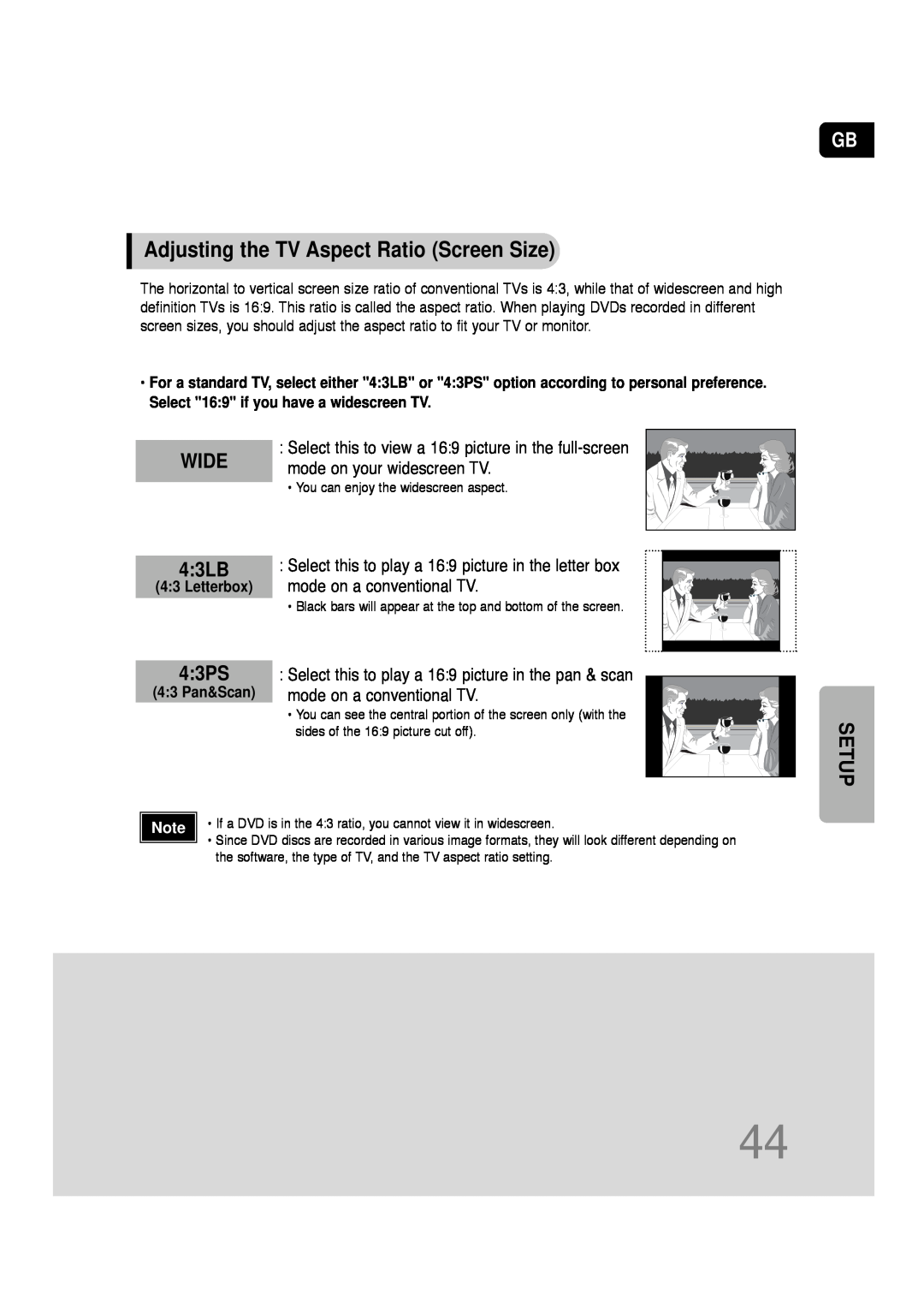 Samsung HT-TQ22, HT-Q20 instruction manual Adjusting the TV Aspect Ratio Screen Size, WIDE 4 3LB, 4 3PS, Setup 
