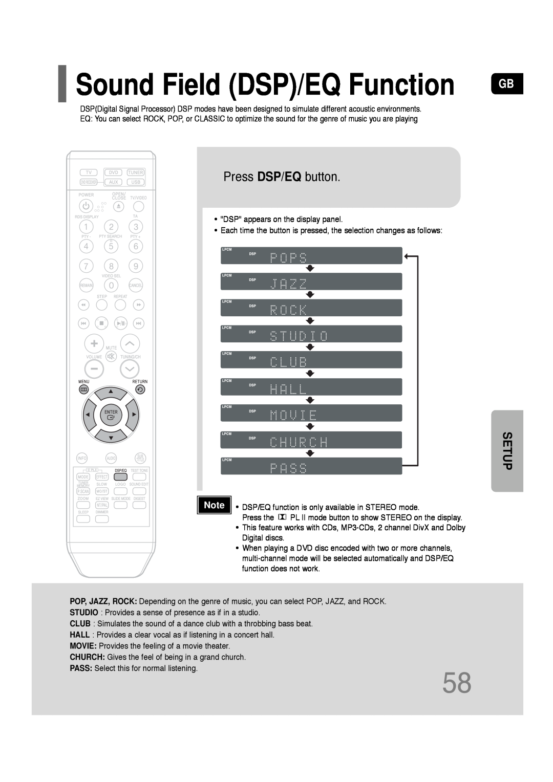 Samsung HT-TQ22, HT-Q20 instruction manual Press DSP/EQ button, Sound Field DSP/EQ Function, Setup 