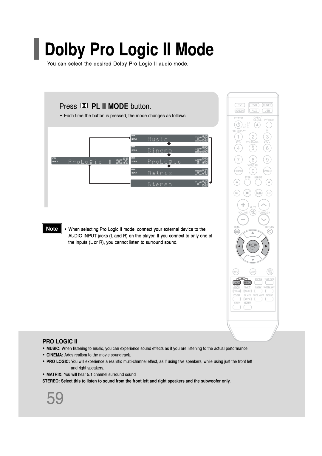Samsung HT-Q20, HT-TQ22 instruction manual Dolby Pro Logic II Mode, Press PL II MODE button 