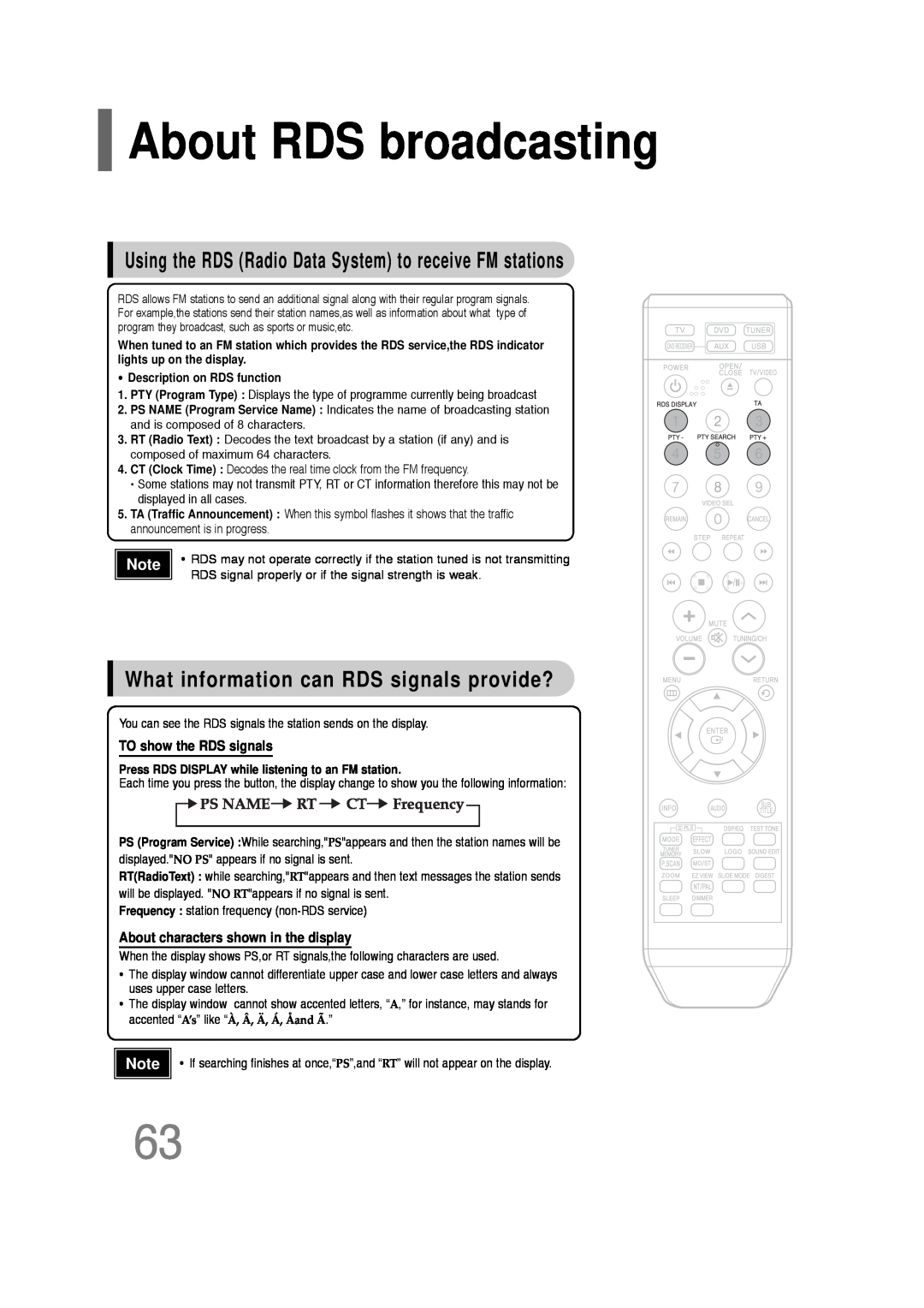 Samsung HT-Q20, HT-TQ22 About RDS broadcasting, What information can RDS signals provide?, Description on RDS function 