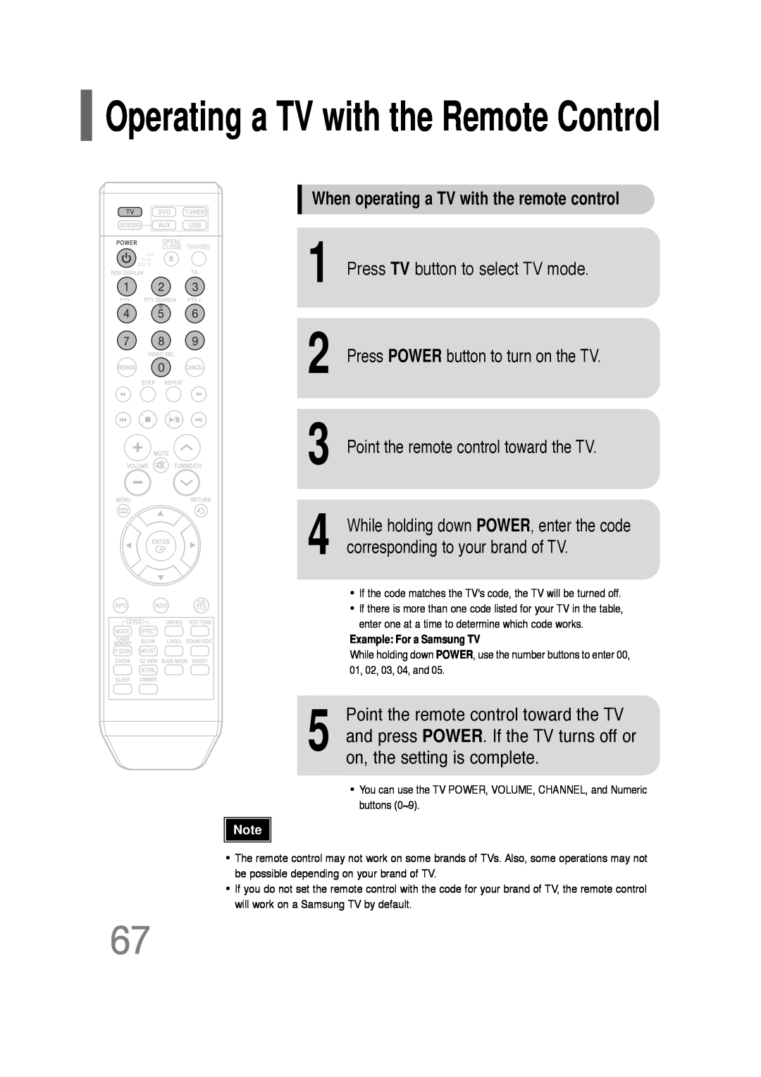 Samsung HT-Q20, HT-TQ22 instruction manual When operating a TV with the remote control, Press TV button to select TV mode 