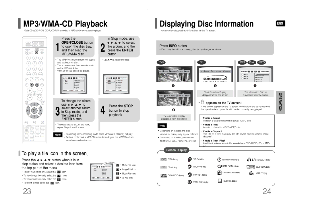 Samsung HT-Q40 MP3/WMA-CD Playback, Press the Stop Button to stop playback Press Info button, Appears on the TV screen 